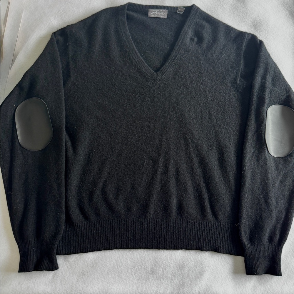 Cashmere Sweater Black Men’s XL V Neck Elbow Patches Lord & Taylor 2 Ply